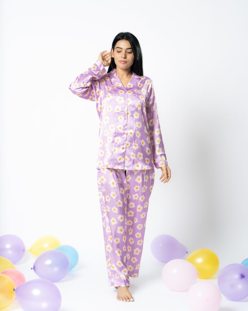 Load image into Gallery viewer, Purple Meadow Satin Nightwear Set