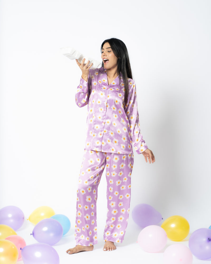 Load image into Gallery viewer, Purple Meadow Satin Nightwear Set