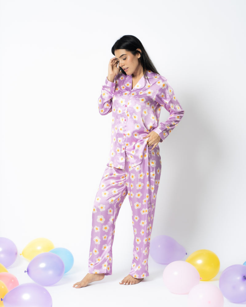 Load image into Gallery viewer, Purple Meadow Satin Nightwear Set