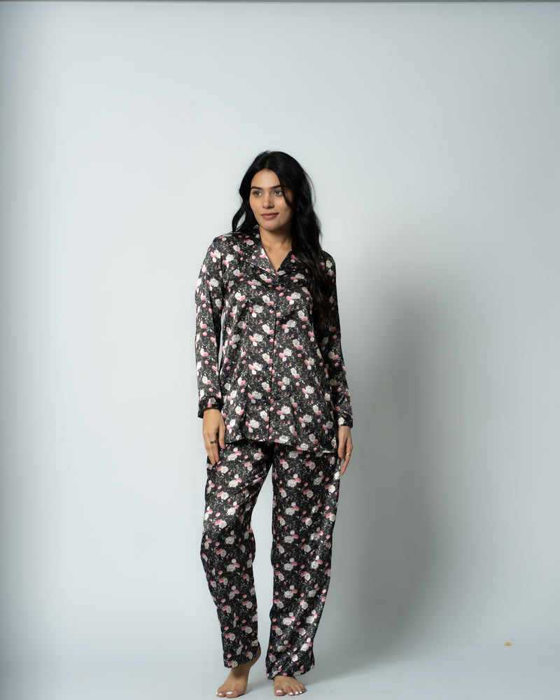 Load image into Gallery viewer, Midnight Bloom Satin Nightwear Set