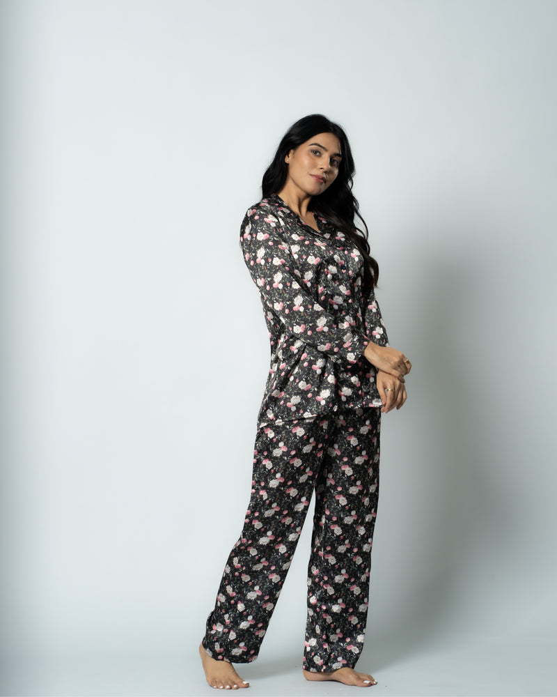 Load image into Gallery viewer, Midnight Bloom Satin Nightwear Set