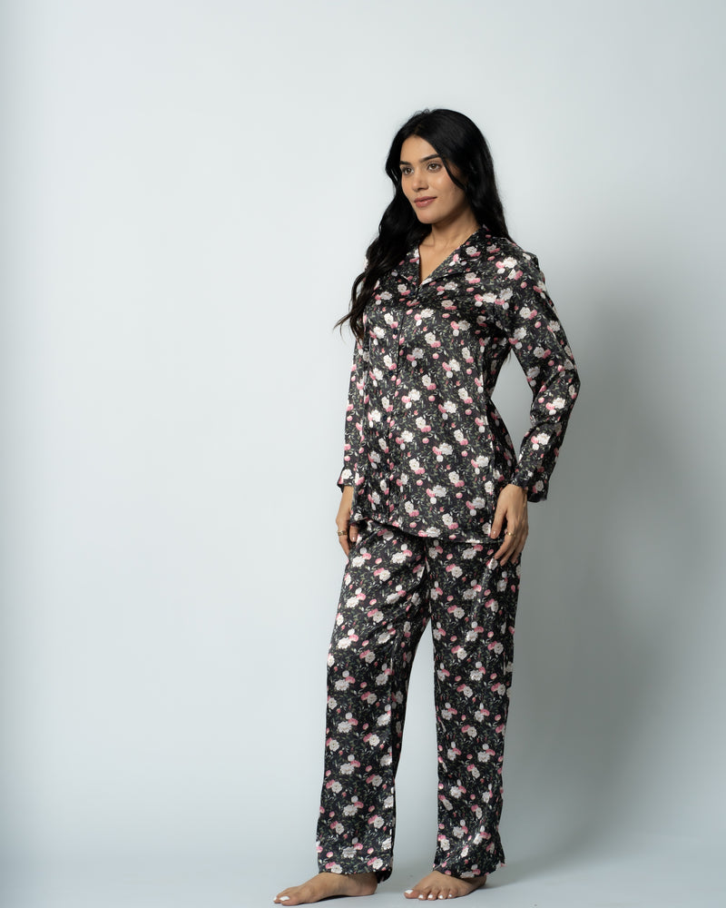 Load image into Gallery viewer, Midnight Bloom Satin Nightwear Set