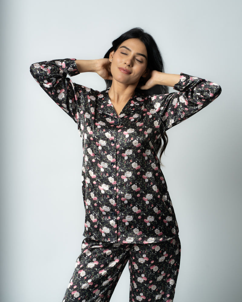Load image into Gallery viewer, Midnight Bloom Satin Nightwear Set
