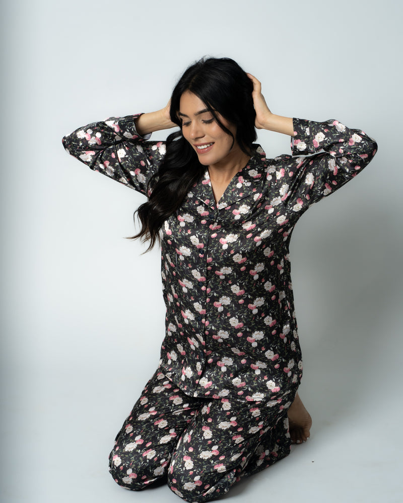 Load image into Gallery viewer, Midnight Bloom Satin Nightwear Set