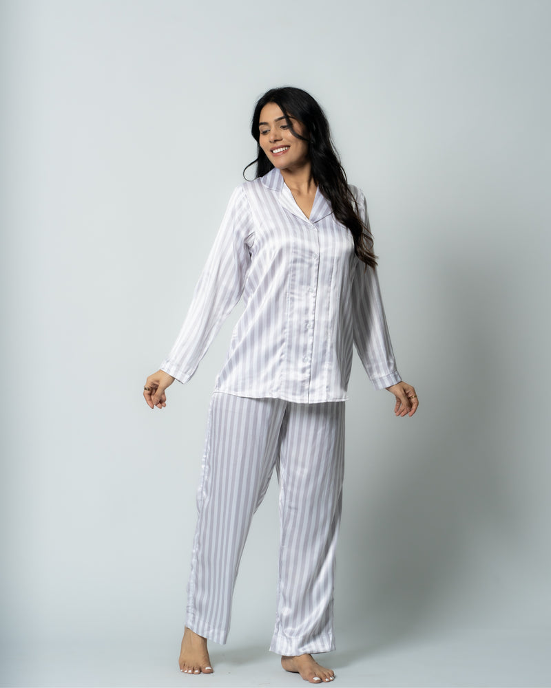Load image into Gallery viewer, Silver Stripes Satin Nightwear Set