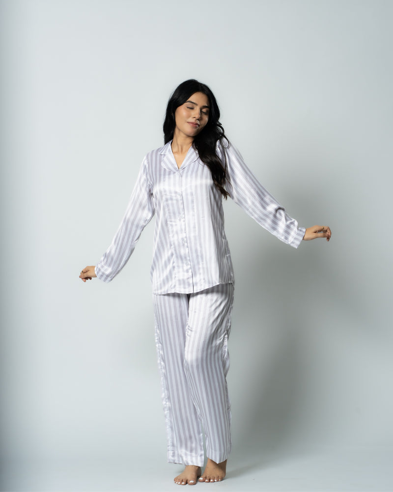 Load image into Gallery viewer, Silver Stripes Satin Nightwear Set