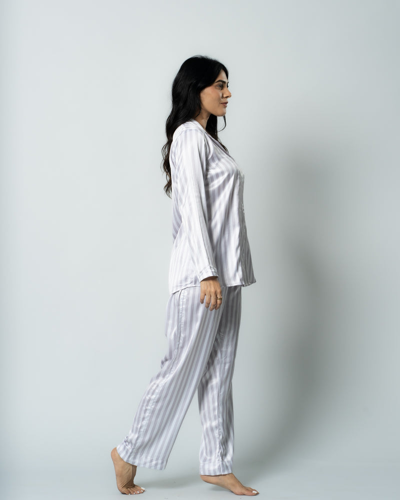 Load image into Gallery viewer, Silver Stripes Satin Nightwear Set