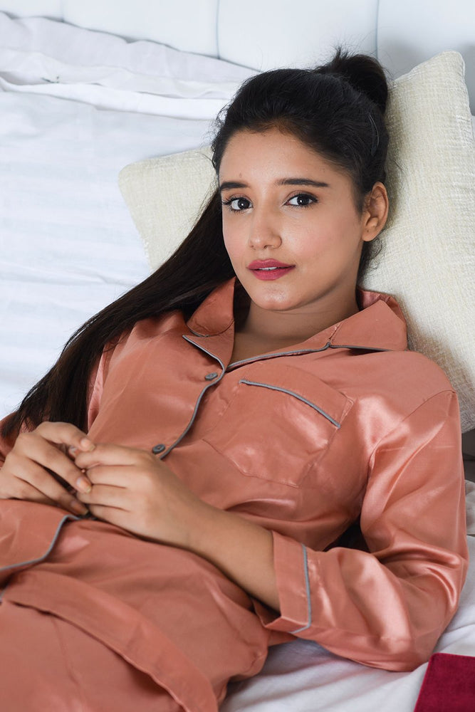 Load image into Gallery viewer, Rust Notched Collar Satin Nightwear Set