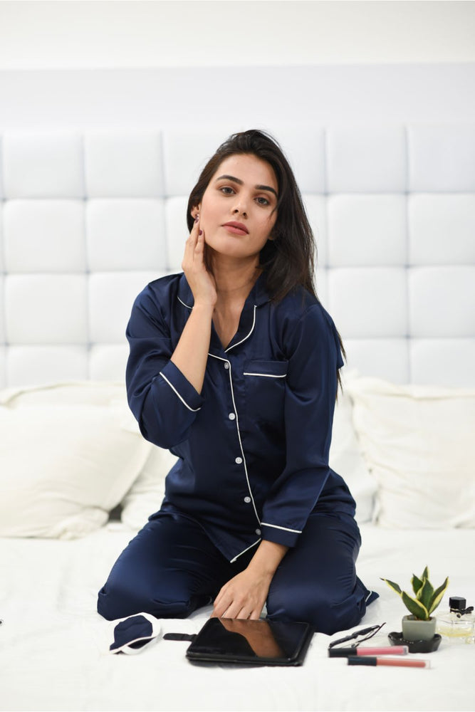 Load image into Gallery viewer, Navy Blue Satin Notched Collar Nightwear Set