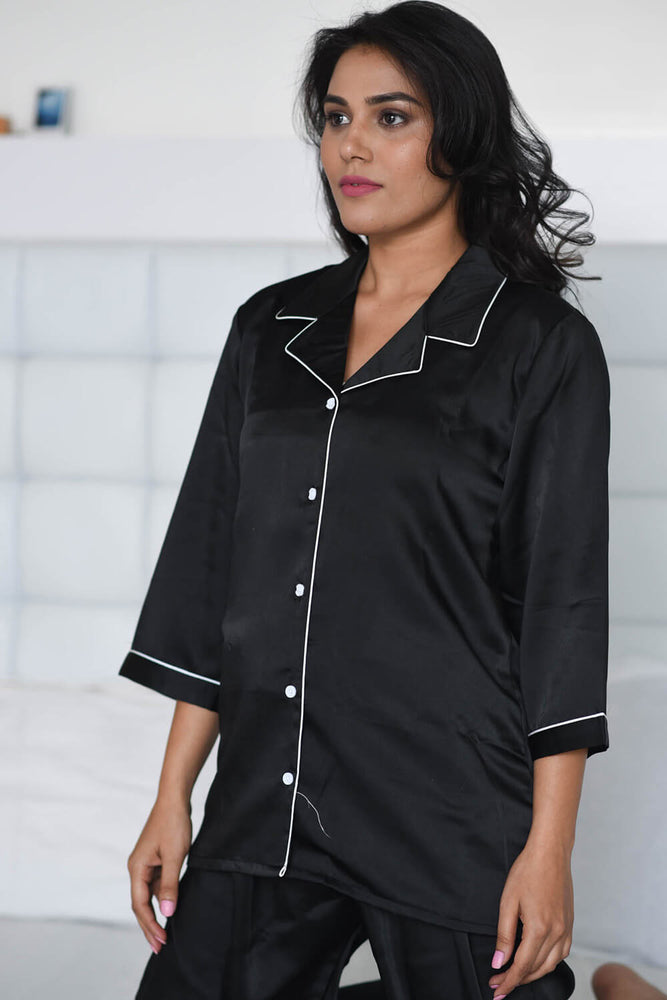 Load image into Gallery viewer, Black Notched Collar Satin Nightwear Set