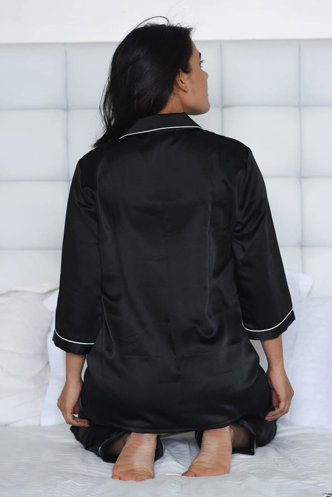 Load image into Gallery viewer, Black Notched Collar Satin Nightwear Set