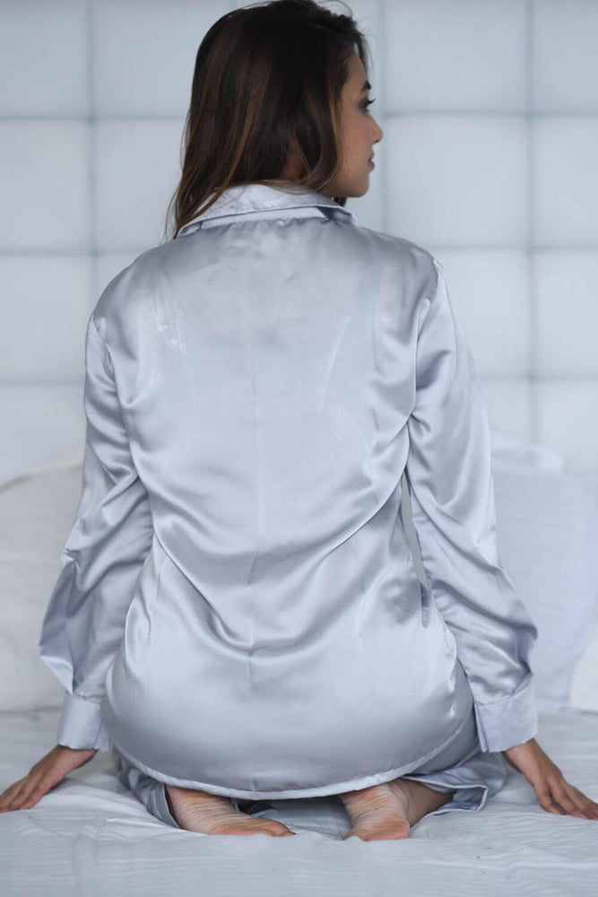 Load image into Gallery viewer, Grey Satin Notched Collar Nightwear Set