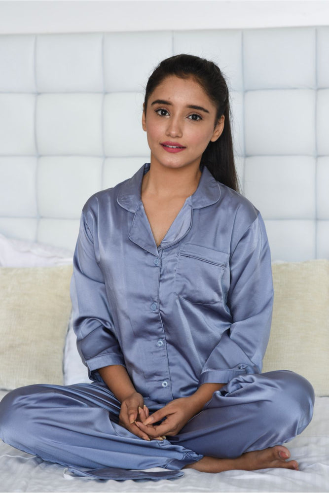 Load image into Gallery viewer, Dusky Blue Notched Collar Satin Nightwear Set