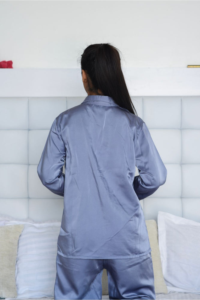 Load image into Gallery viewer, Dusky Blue Notched Collar Satin Nightwear Set