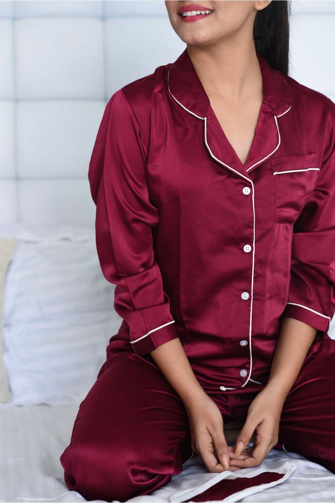 Load image into Gallery viewer, Maroon Notched Collar Satin Nightwear Set
