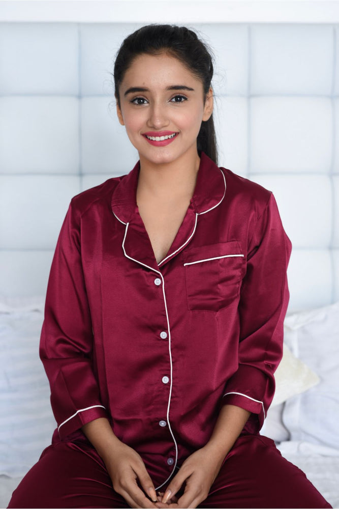 Load image into Gallery viewer, Maroon Notched Collar Satin Nightwear Set