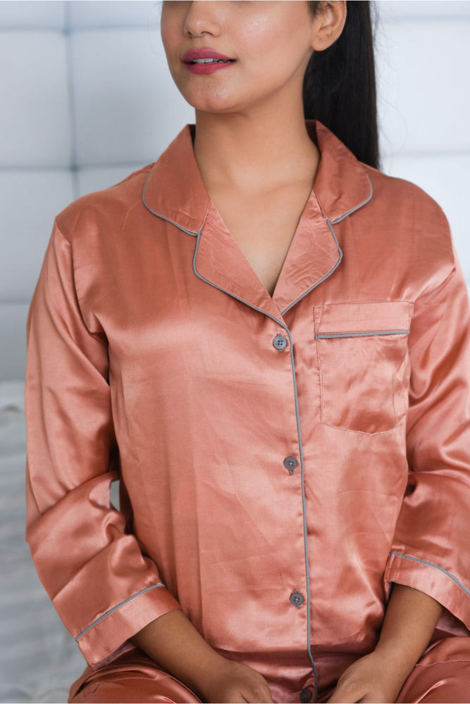 Load image into Gallery viewer, Rust Notched Collar Satin Nightwear Set