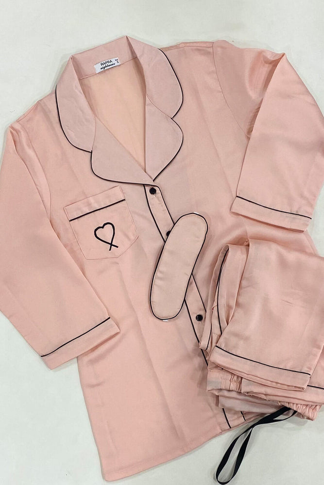 Load image into Gallery viewer, Soft Pink- Heart Satin Notched Collar Nightwear Set