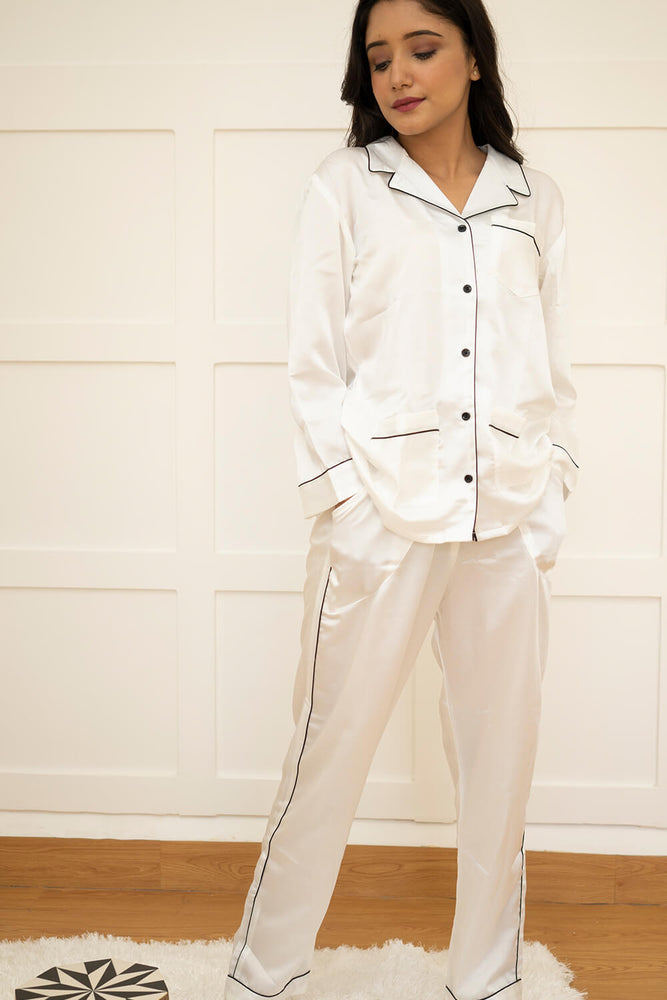 Load image into Gallery viewer, WHITE - 3 POCKETS LUXE SATIN NIGHTWEAR SET