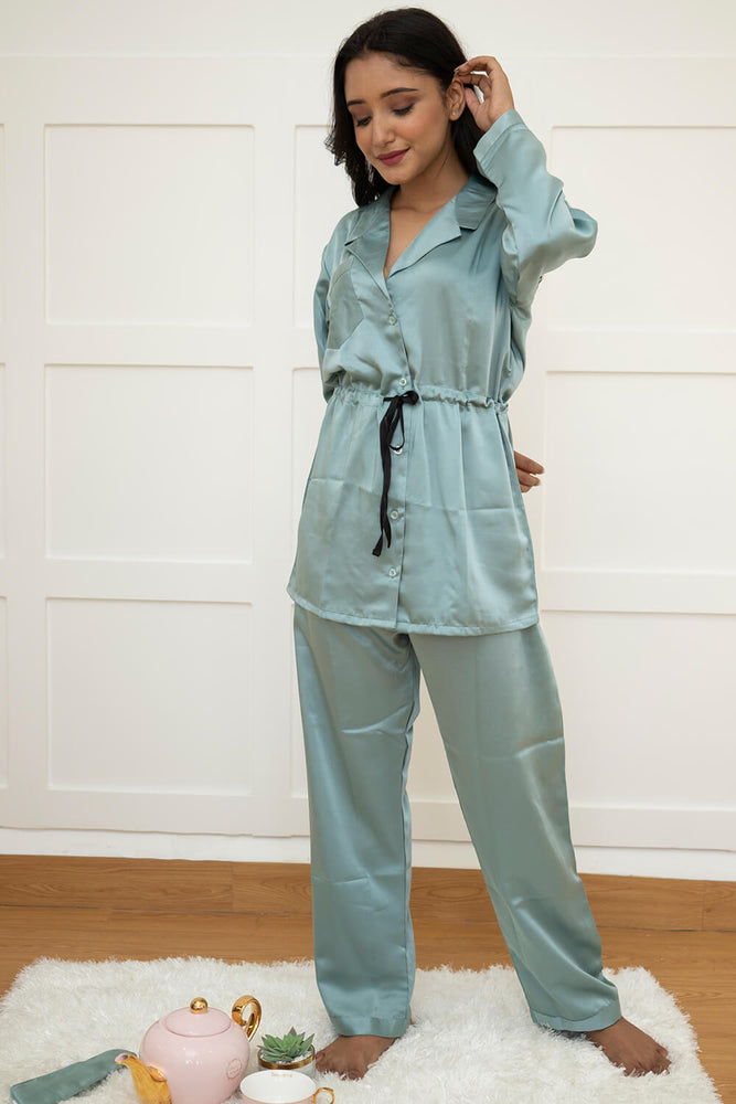 Load image into Gallery viewer, SEA GREEN - TIE LUXE SATIN NIGHTWEAR SET