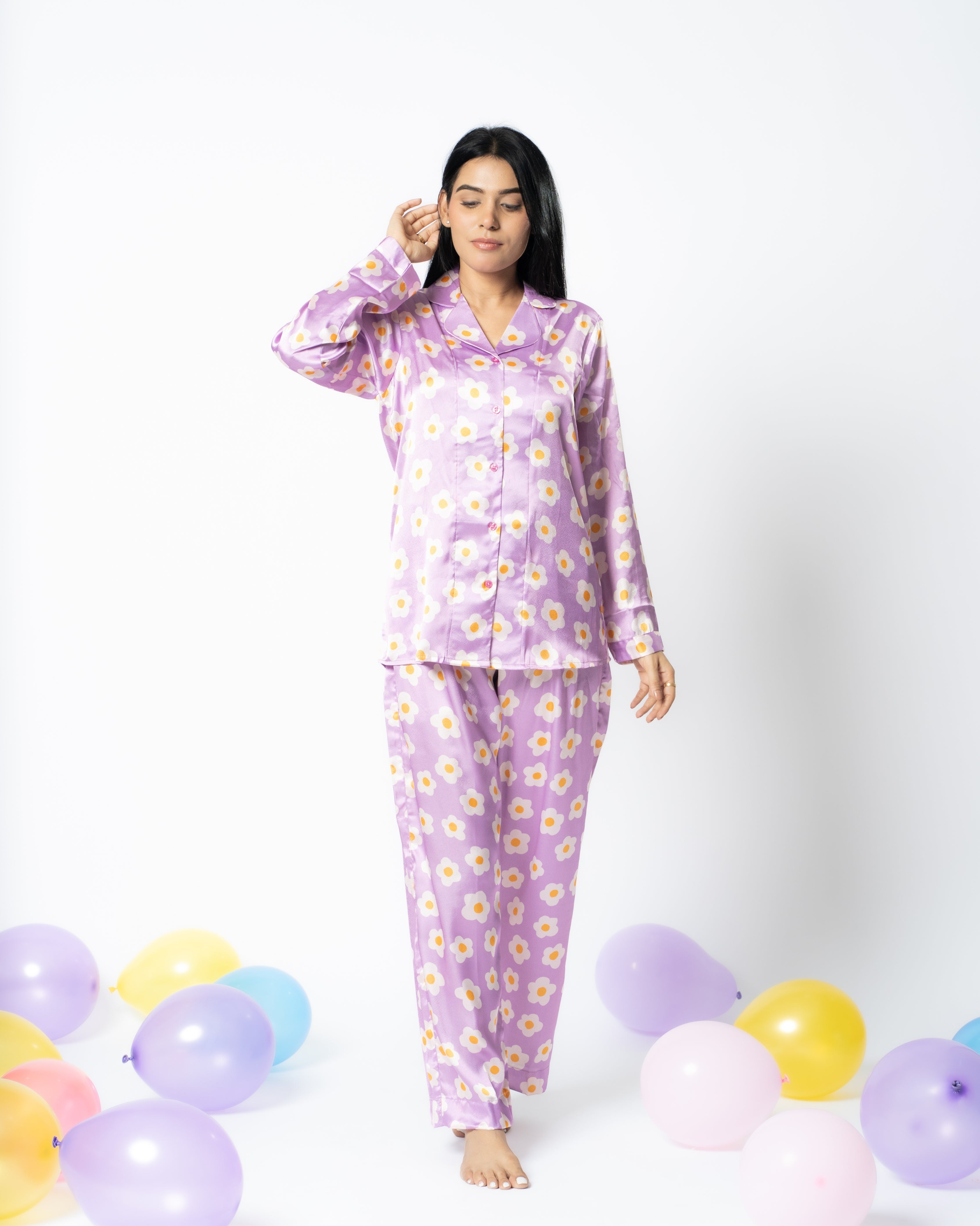 Purple Meadow Satin Women Nightwear Set