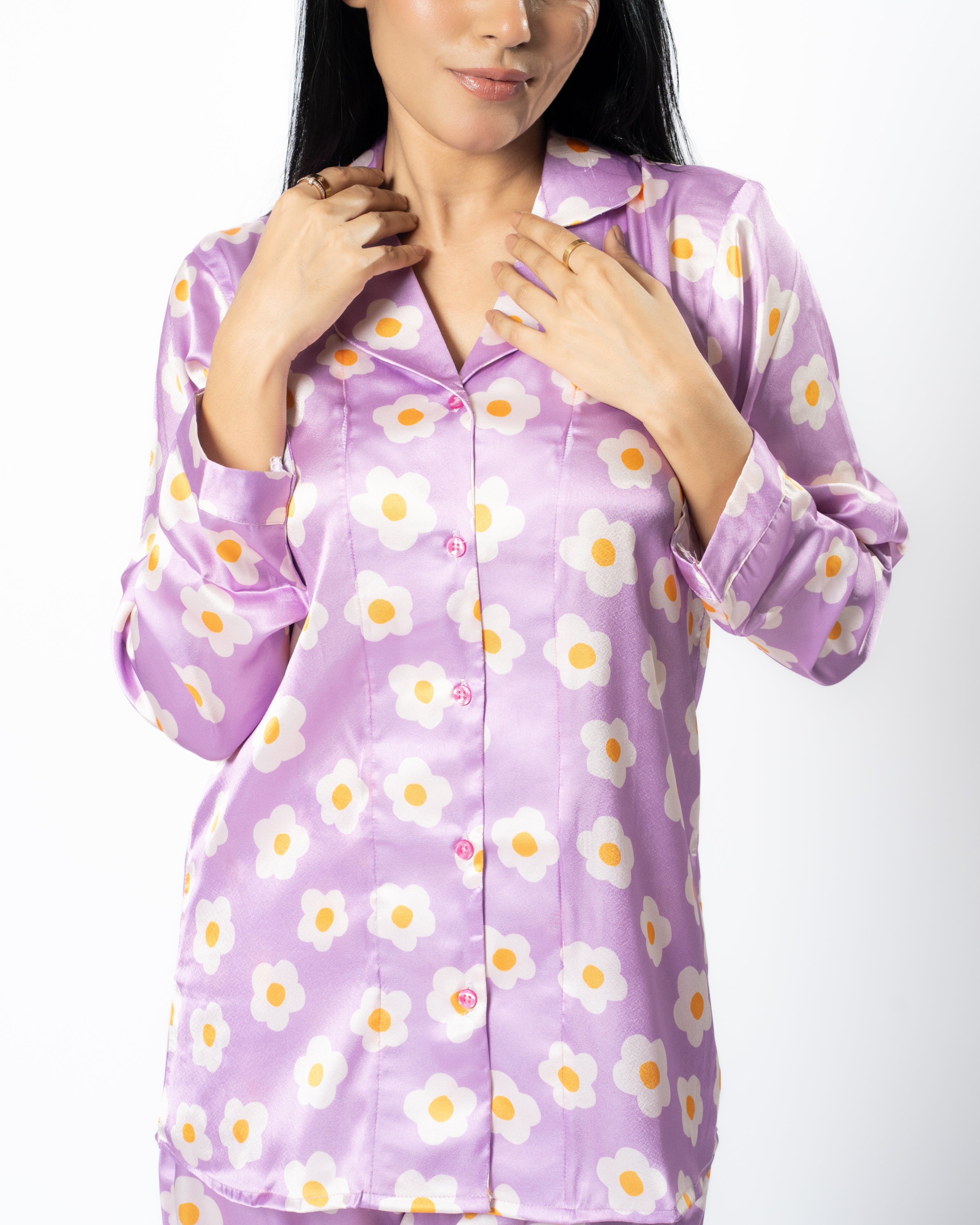 Purple Meadow Satin Women Nightwear Set