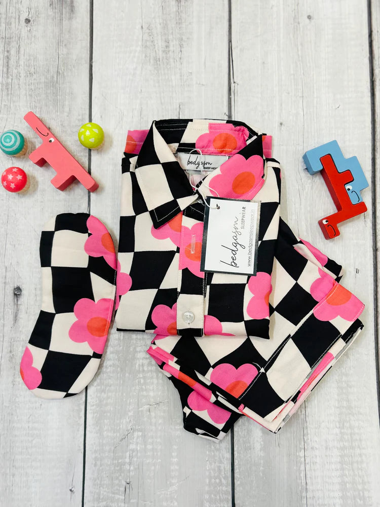 Black Checkered Kids Nightwear Set