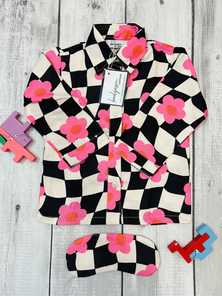 Black Checkered Kids Nightwear Set