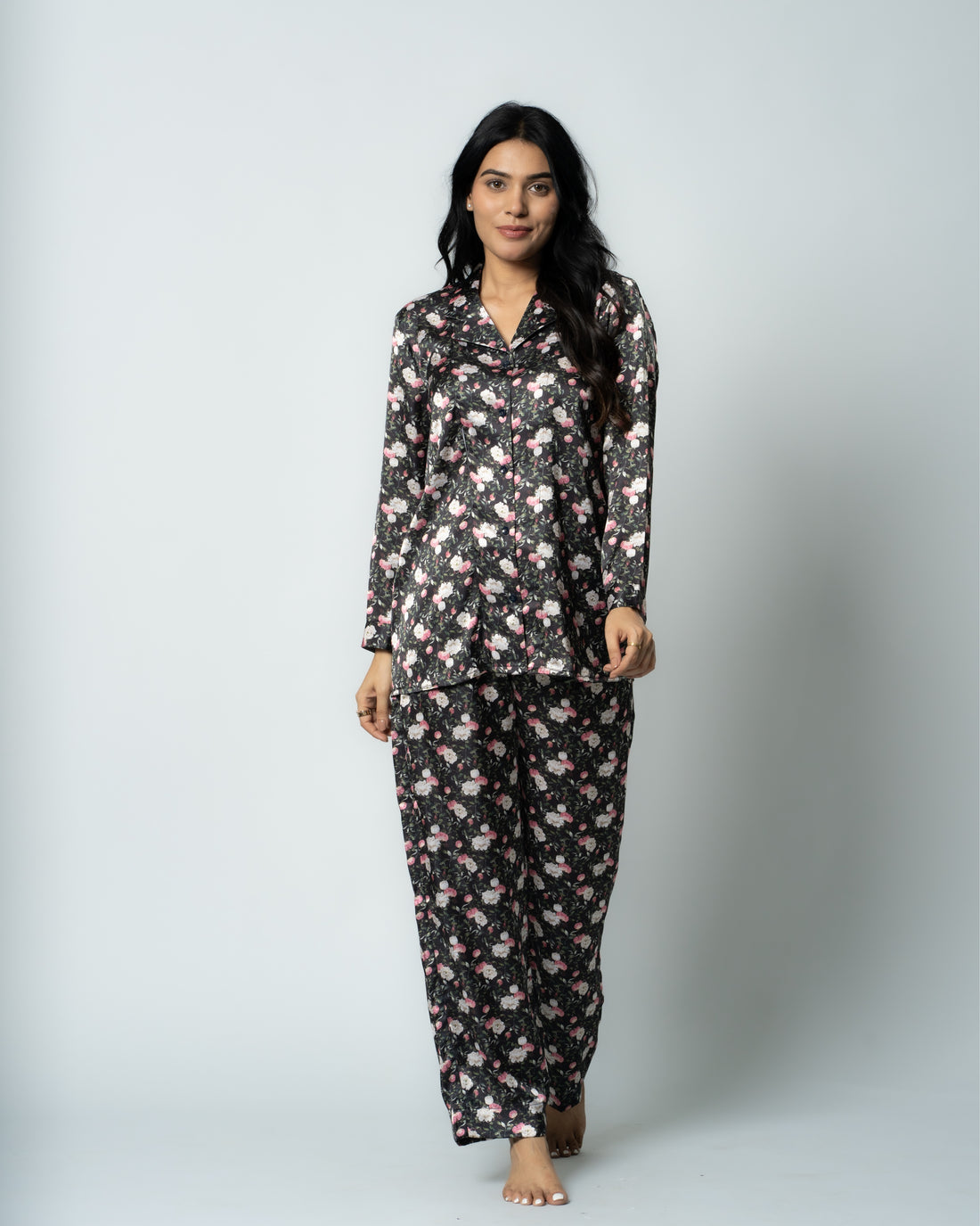 Midnight Bloom Satin Women Nightwear Set