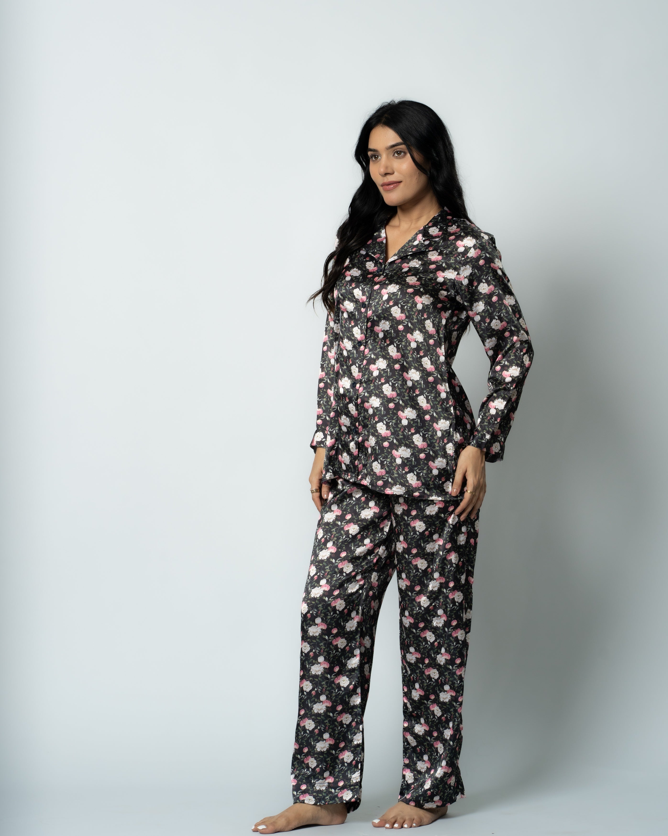 Midnight Bloom Satin Women Nightwear Set