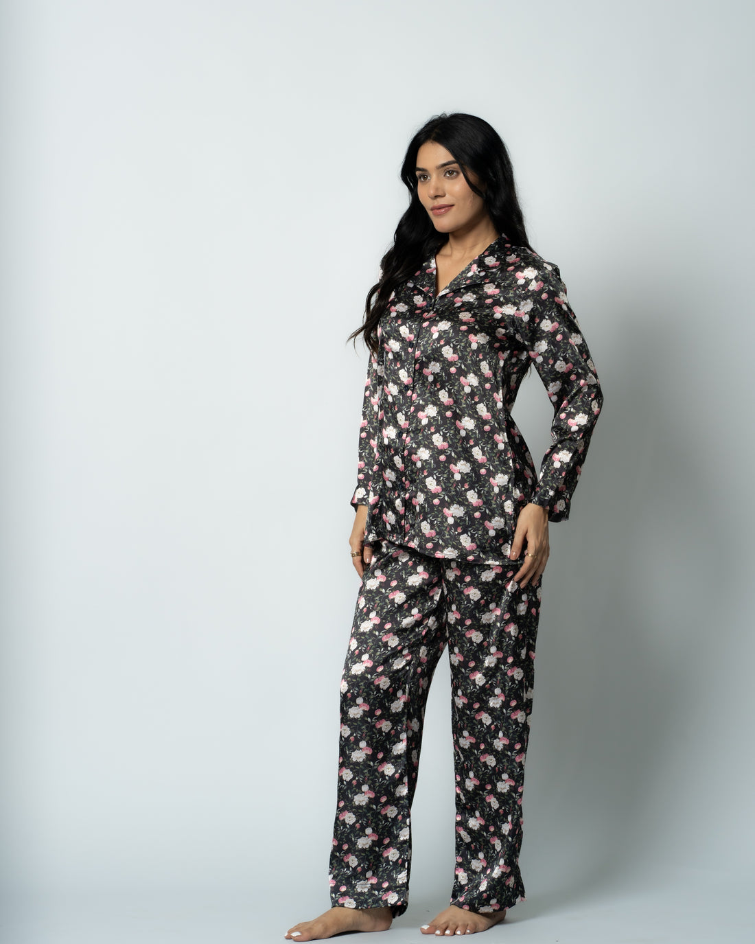 Midnight Bloom Satin Women Nightwear Set