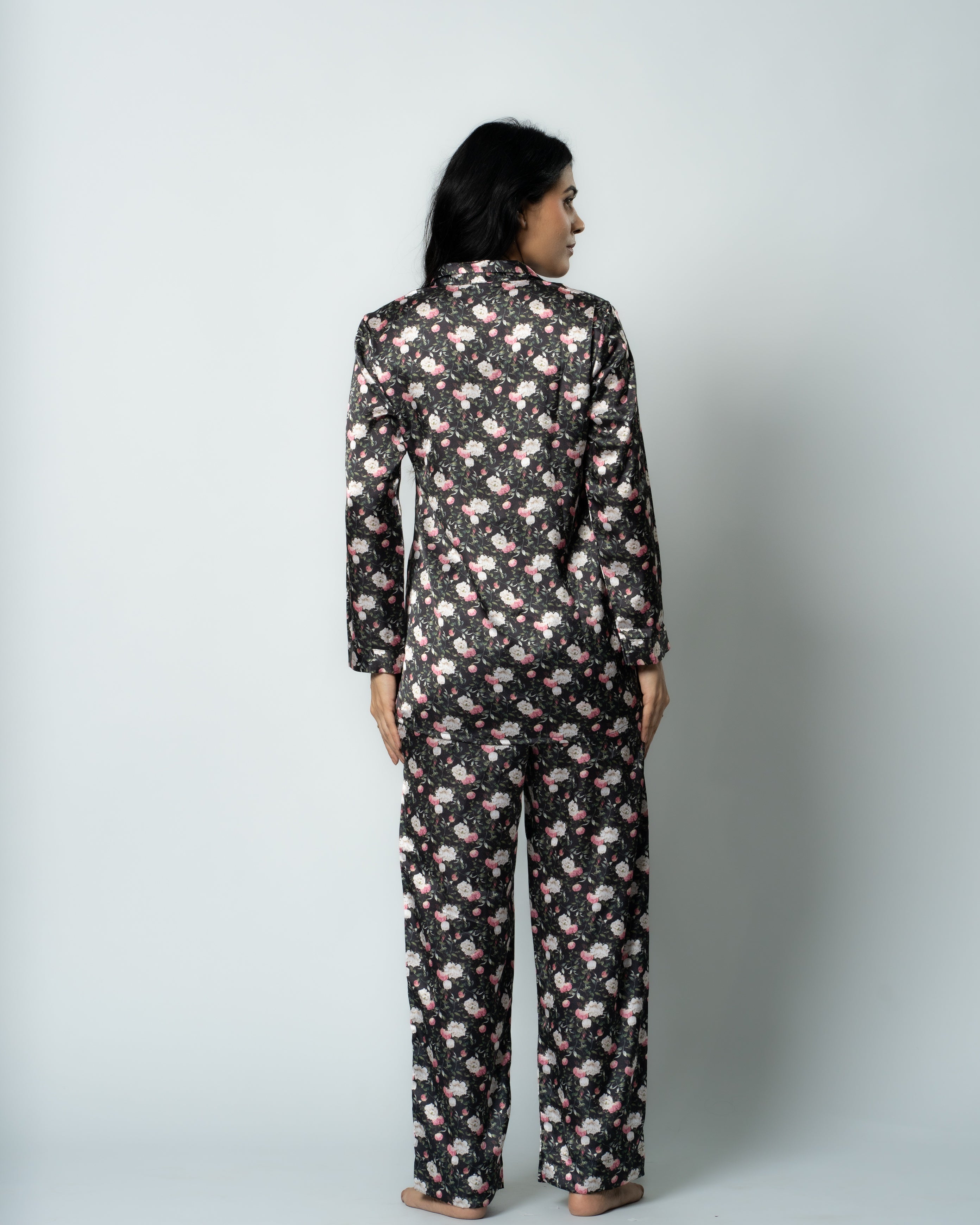 Midnight Bloom Satin Women Nightwear Set