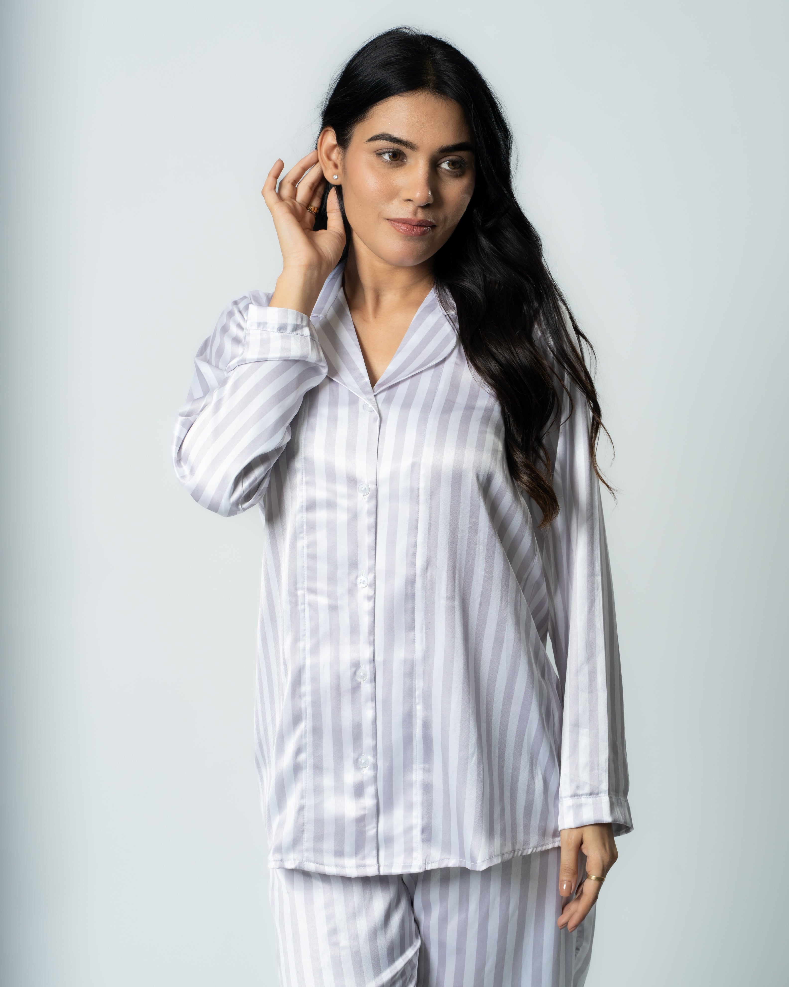 Silver Stripes Satin Nightwear Set