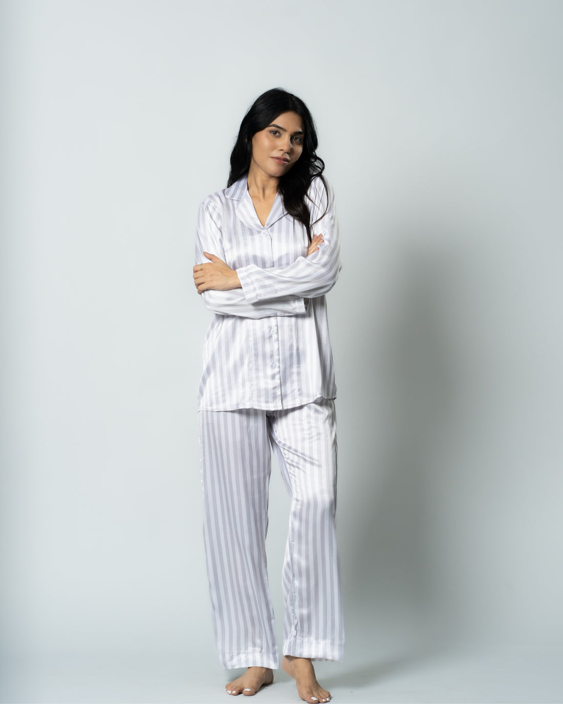 Silver Stripes Satin Nightwear Set