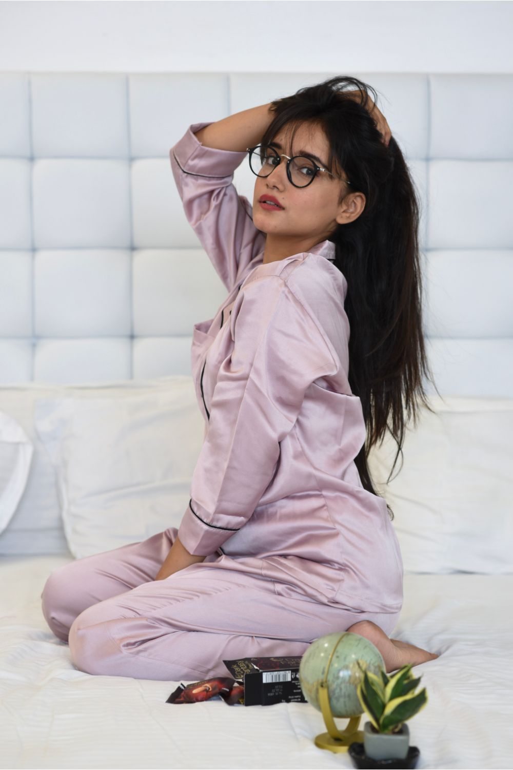 Blush Pink Notched Collar Satin Nightwear Set