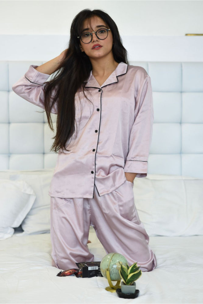 Load image into Gallery viewer, Blush Pink Notched Collar Satin Nightwear Set
