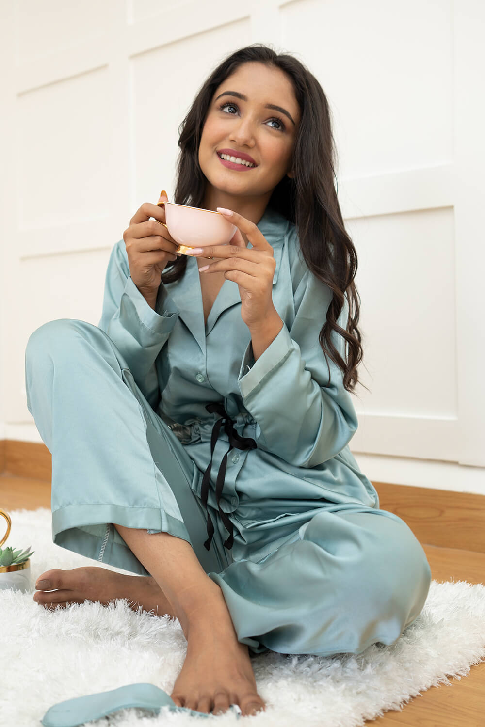 SEA GREEN - TIE LUXE SATIN  NIGHTWEAR SET