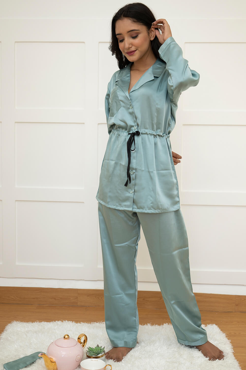 SEA GREEN - TIE LUXE SATIN  NIGHTWEAR SET