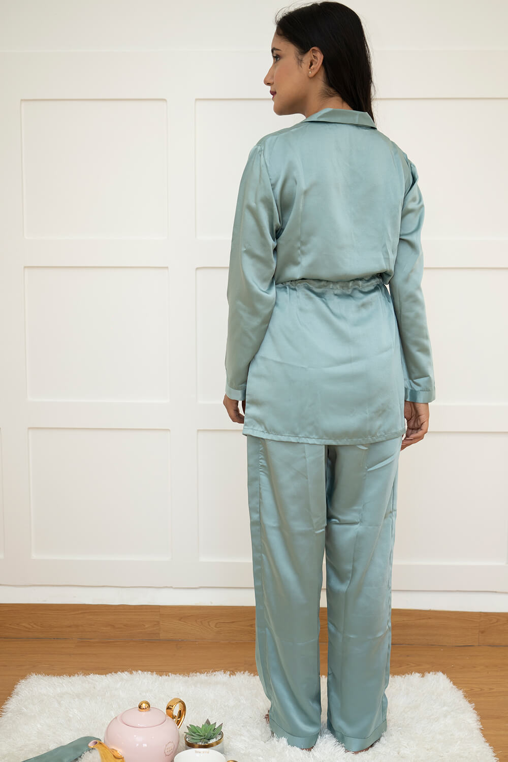 SEA GREEN - TIE LUXE SATIN  NIGHTWEAR SET